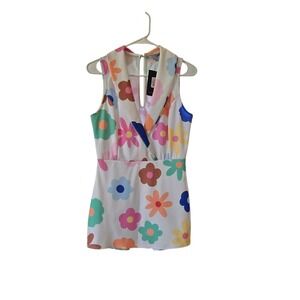 Fashion Nova Floral Girl Romper White Combo Size M‎ Sleeveless Collared Keyhole